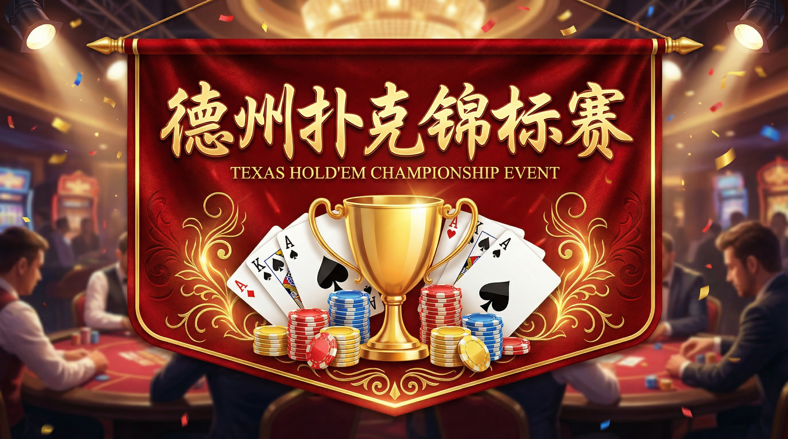 德州扑克锦标赛宣传海报展示金色奖杯和扑克牌